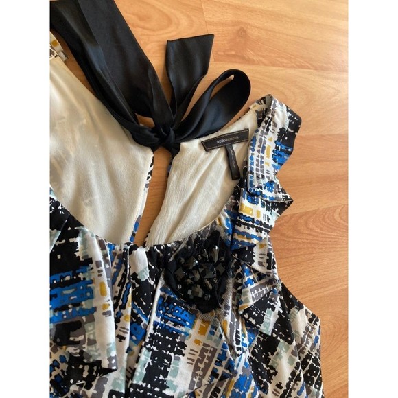 BCBG BowTie Embellished Beaded Empire Blue White Yellow Pleated Dress Size 6 a1 - Picture 7 of 12